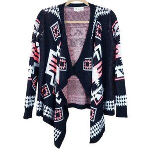 Pink Rose Aztec Black Asymmetrical Open Front Cardigan Women's Size S